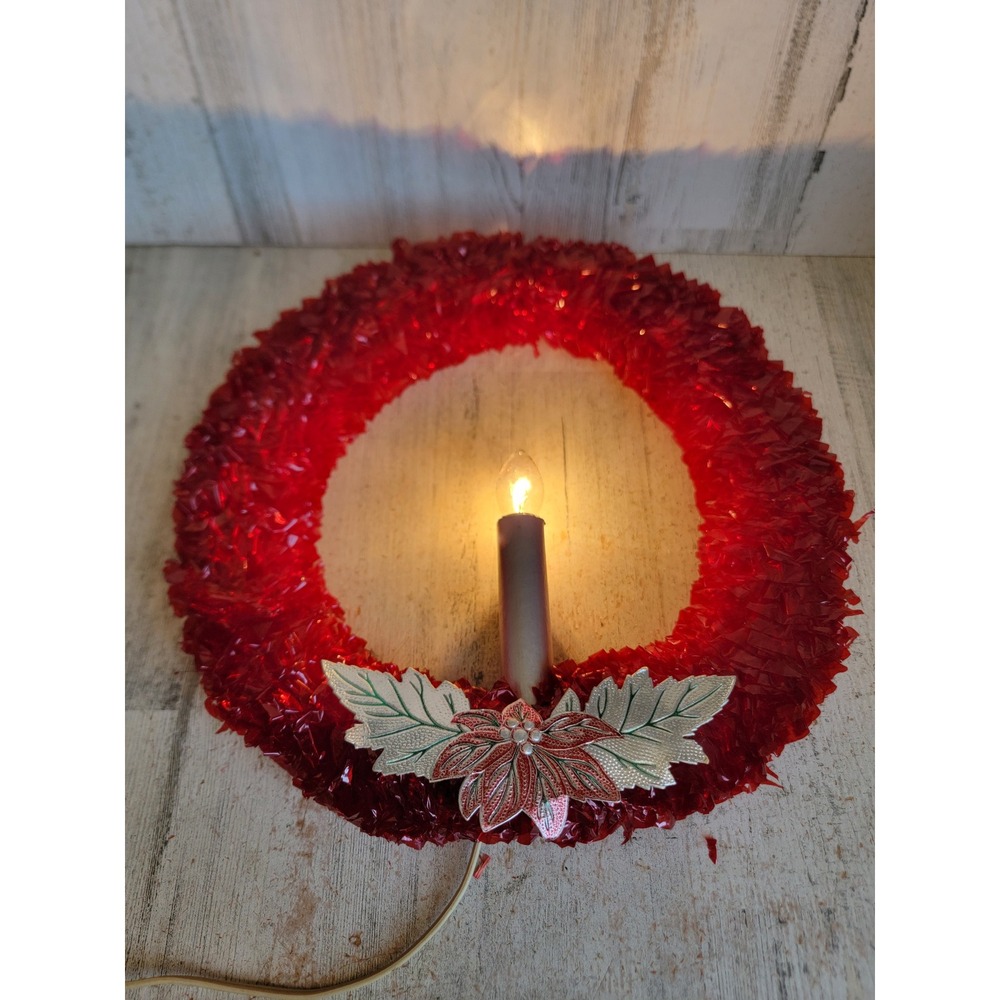 Vintage red cellophane wreath Holly wreath light up Xmas hanging home decor
